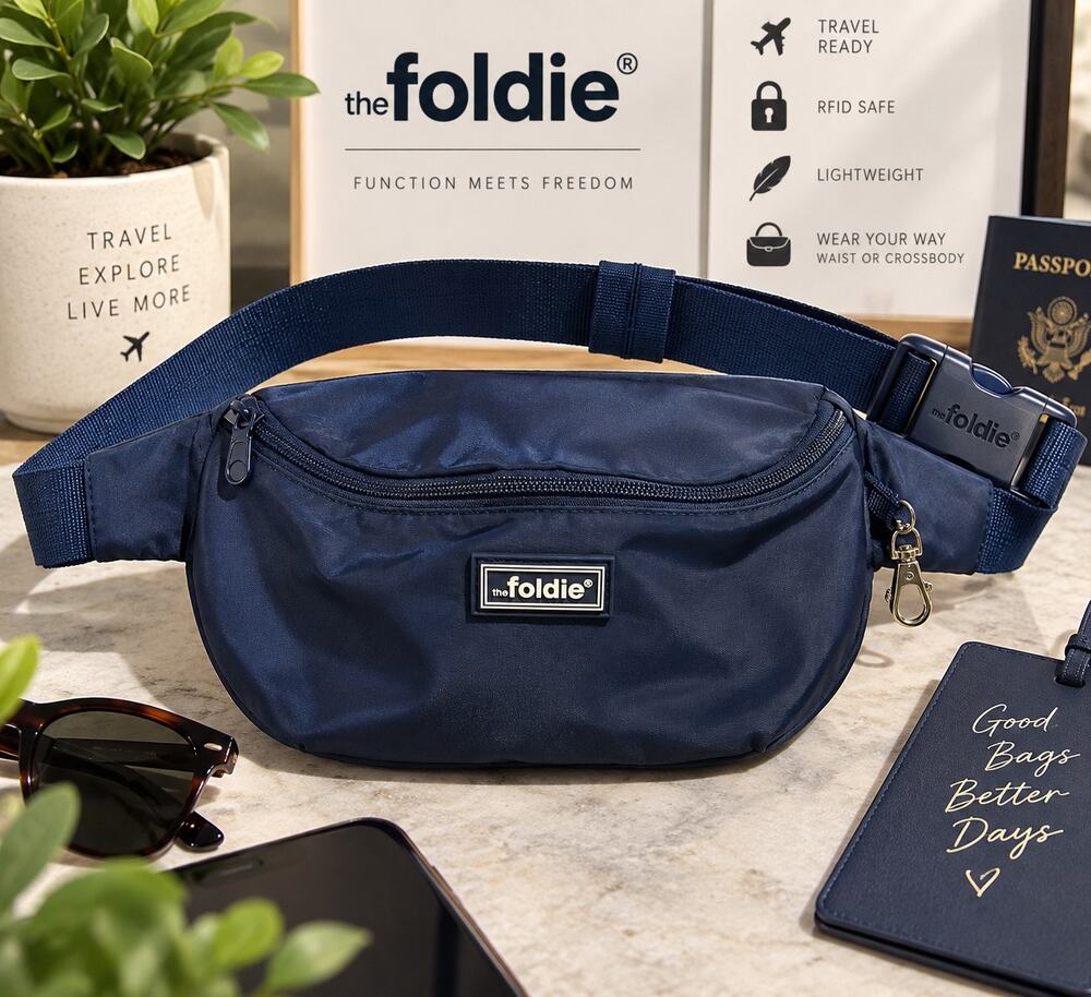 The Foldie Navy Blue RFID Safe Belt Bag Fanny Pack Crossbody Travel Waist Bag